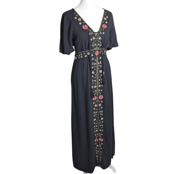 Japna Floral Embroidered Bohemian Black Flutter Sleeve Maxi Dress Womens Small - Picture 1 of 6